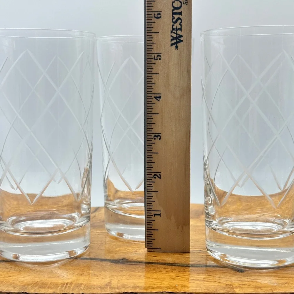 Set of 3 Etched Diamond‎ Trellis Highball Glasses Clear Glass Tumblers 5.5 inch